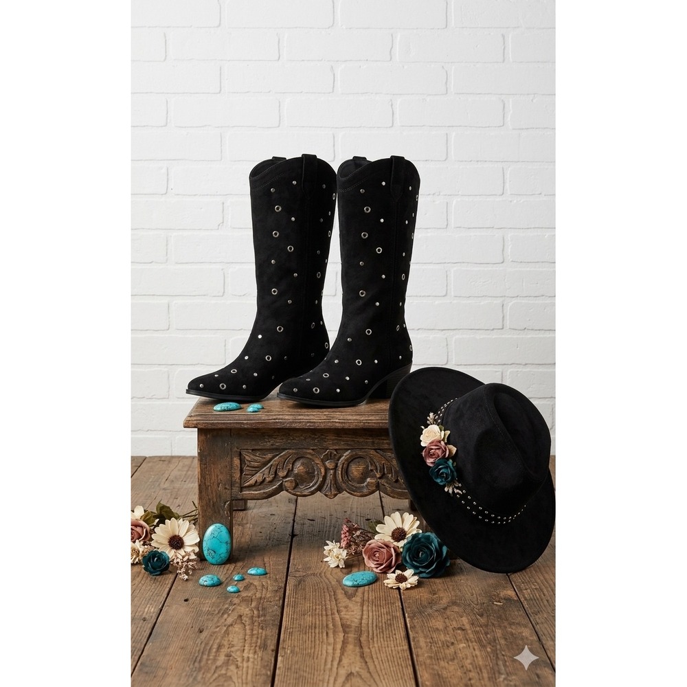 No Bo whimsigoth‎ edgy Studded Western Cowboy Boots Block Heel festival boho New